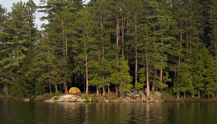 A view of our campsite from the water on Gouinlock Lake